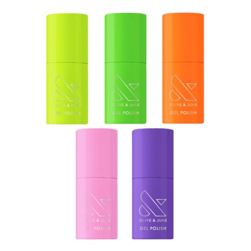 Olive & June Gel Summer Brights Nail Polish Set | 5 Neon Shades: Time to Re-Apply, Cancel My Return Flight, OOO 4Eva, Permanent Vacation, Wish You Were Here | Vegan, HEMA-Free, Cruelty-Free