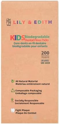 LILY & EDITH Kids Biodegradable Dental Floss Picks 200 Counts, Fluoride Free, Plant Based Material, Fun Animal Flossing Sticks, Ultra Sturdy Thread, Zero Waste Package (Unflavored)