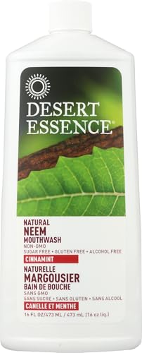 Desert Essence Alcohol-Free Mouthwash with Tea Tree Oil and Aloe, Sugar-Free, Oral Rinse to Fight Bad Breath & Dry Mouth, Vegan, Non-GMO, SLS-Free, Gluten-Free, Cinnamint Flavor, 16oz