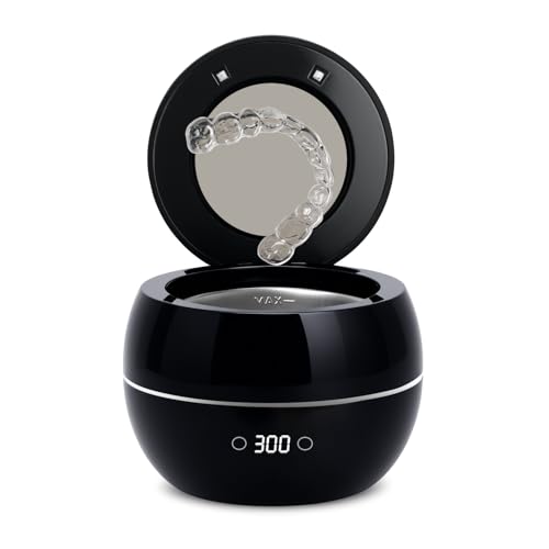 Dental Ultrasonic Retainer Cleaner Machine: 45kHz Dental Cleaning Pod for Denture, Aligner, Mouth Guard, Night Guard, Braces & Jewelry, UV Denture Cleaner with Digital Timer & Dual Mode 250ML Black