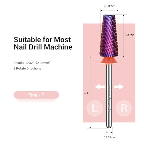 MelodySusie Professional 5 in 1 Nail Drill Bits, 3/32'' Carbide Tungsten Multi-function, Suitable for Manicure Pedicure Cuticle Gel Polishing, Purple, Fine
