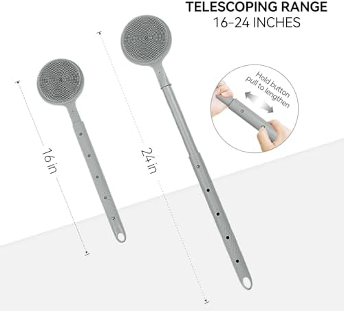 Back Scrubber for Shower, (16-24 Inch) Extendable Bath Brush Long Handle for Shower, Silicone Body Scrubber with Handle, Back Brush for Shower Men and Women,Easy to Clean (Gray)
