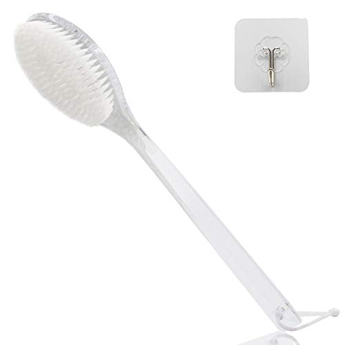 Body Dry Brushing Back Scrubber With Curved Plastic Long Handle - Clear Bath Shower Brush for Dry Skin Exfoliating, Cellulite - for Men and Women (Transparent Handle)
