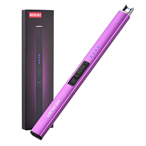 MEIRUBY Lighter Electric Candle Lighter Long Electronic Rechargeable USB Lighter Arc Windproof Flameless Lighters for Candle Camping BBQ Birthday Women's Day Gifts for Women Mom Wife Men, Purple