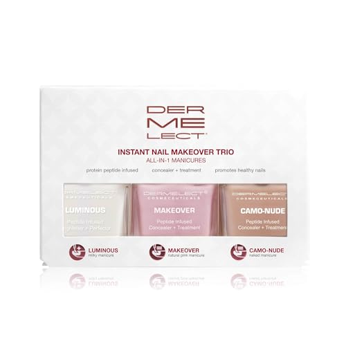 Dermelect Instant Nail Makeover Trio - Luminous Nail Brightener, Makeover Ridge Filler & Camo-Nude Base Coat - Strengthen & Conceal Damaged Nails, Peptide Infused, Nail Repair & Treatment (3 pc Set)