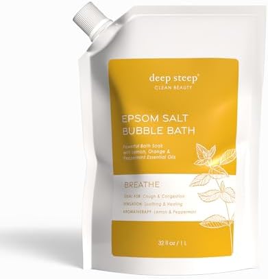 Deep Steep Epsom Salt Bubble Bath, Breathe, 32 oz – Spa Soak with Epsom Salt, Peppermint, Lemon & Essential Oils – Vegan, Clean Beauty, Muscle Relief & Sinus Support