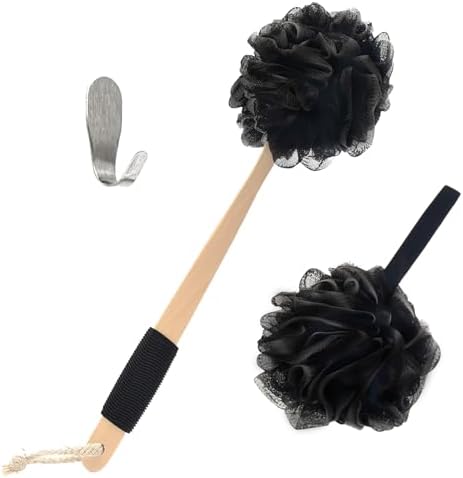 Bamboo Charcoal Infused Back Scrubber - Loofah with Handle | Exfoliating Shower Loofah for Men & Women - Features 1 Loofah on a Stick, 1 Loofa Pouf; Includes Hook (Black)