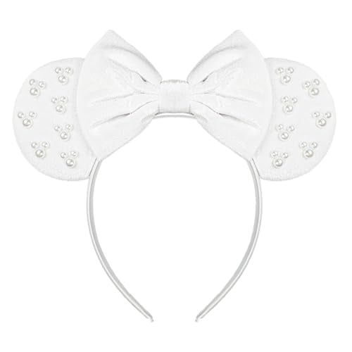 JIAHANG White Velvet Mouse Ears Hair Bow Headband with Pearls, Party Decoration Beadings Headwear for Women Girls(velvet white 04)