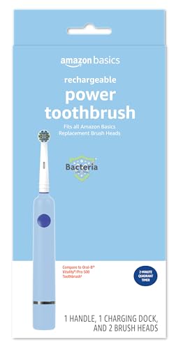 Amazon Basics Power Rechargeable Toothbrush with EasyFlex Brush Heads, Bacteria Defense and Replace-Me Bristles, 2-Minute Quadrant Timer