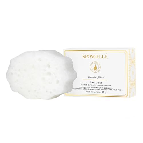 SPONGELLÉ Freesia Pear Pedi-Buffer with Built-In Cleanser - Exfoliates, Softens & Smooths Feet for Spa-Like Pedicure Experience, 30+ Uses