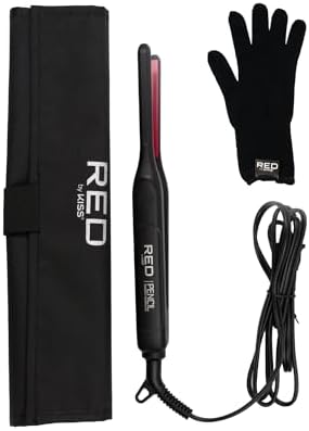 Red by Kiss Pencil Flat Iron up to 450°F Thin Small Tourmaline Ceramic Plate 0.3 inch (3/10") for Women and Men, Short to Medium Hair, Pixie Cut, Bangs, Edges.. A Travel Pouch and a Glove Included