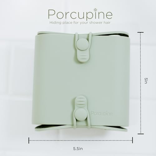 Porcupine Shower Wall Hair Catcher, Modern Silicone Design Collects & Conceals Hair in Bathroom, Prevents Clogged Drains, Reusable, Removable, Easy to Clean, Heavy Duty Hanger Included (Sage Green)