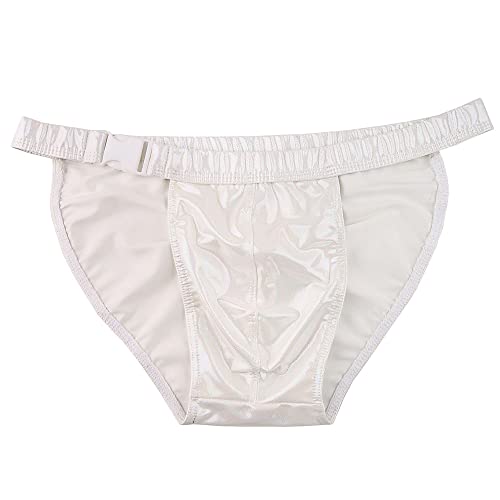 Men's Sexy White Shiny Metallic Bikini Swimsuit Briefs Stretchy Quick-Drying Contour Pouch Thong,L