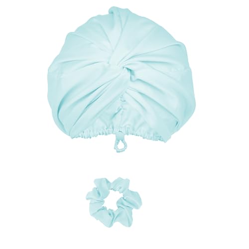 Adjustable Silky Satin Bonnet for Sleeping, Women Night Wrap Sleep Cap, Large Turban Include a Scrunchie for Long Hair Braid Stay on Head (Aqua Blue)