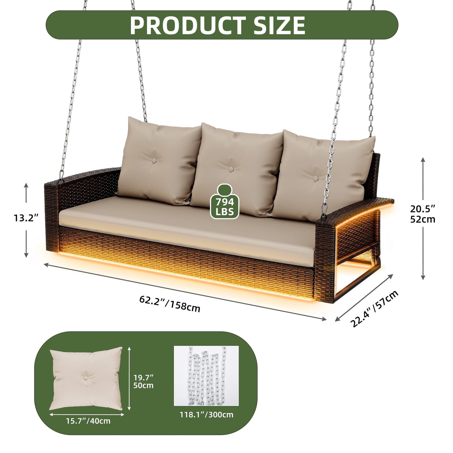 Uforic 3-Seat Outdoor Wicker Porch Swing with LED Lights & Brown Cushions, Patio Hanging Chair