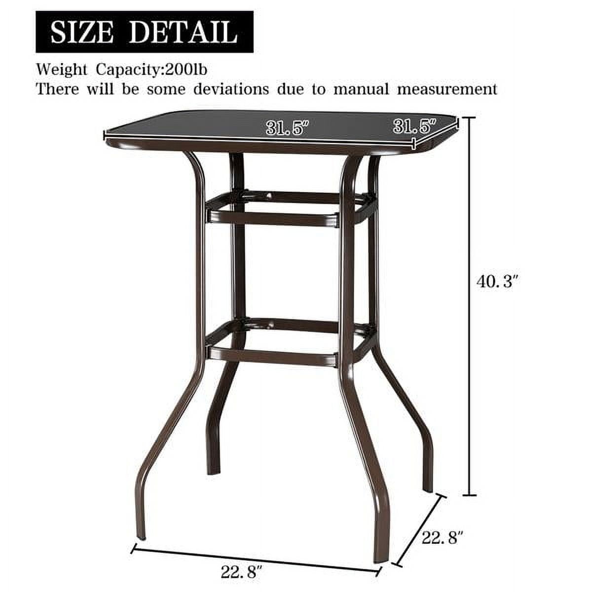 Matte Brown Iron Outdoor Bar Table, 31.5" Square Black Tempered Glass Top, Double-Ring Reinforced, for Home/Bar/Restaurant