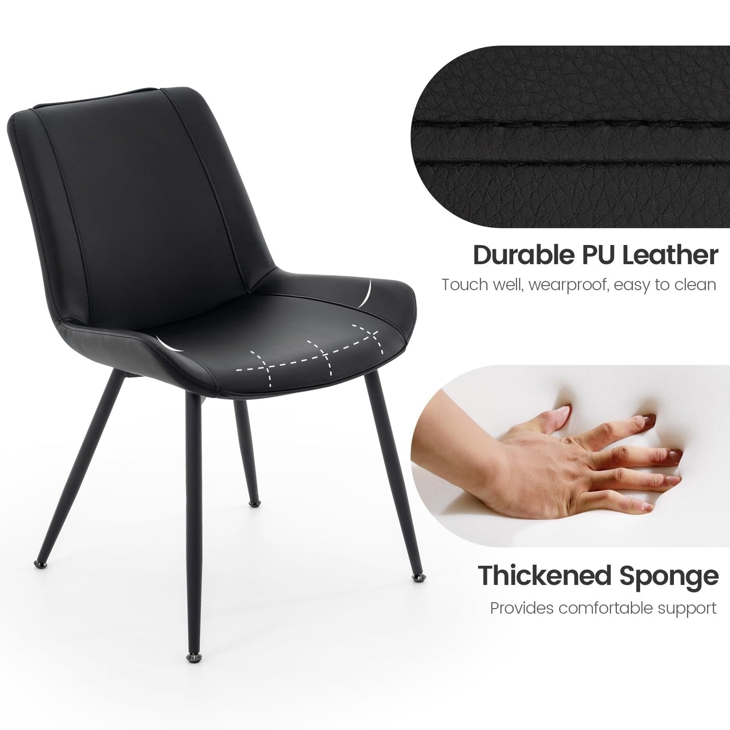 Dining Chairs Set of 2, PU Leather Armless Kitchen Chairs with Backrest, Thick Cushions, Sturdy Metal Legs, Modern Upholstered Dining Room Chairs (Black)