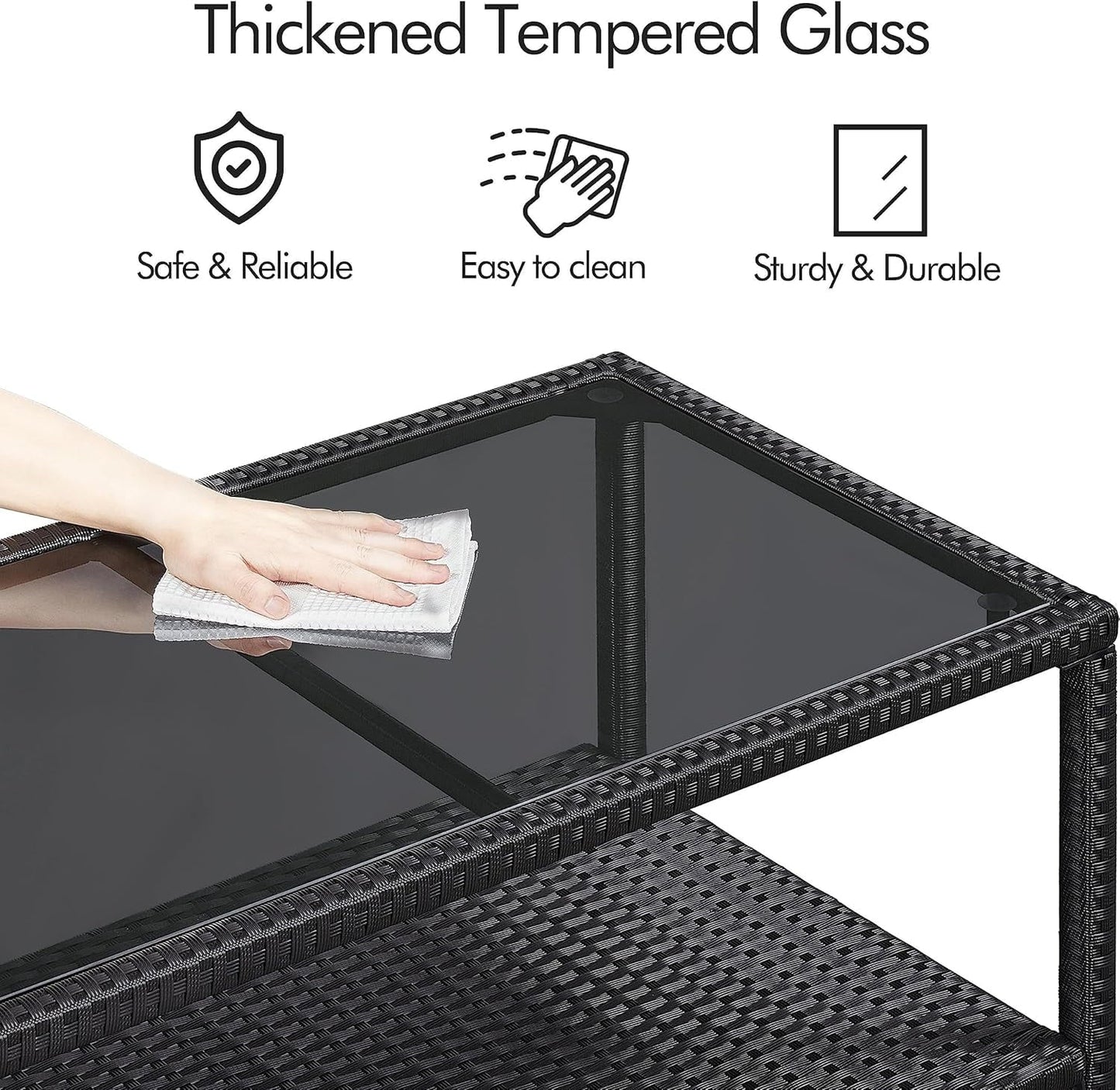 YUONAO Outdoor Wicker Coffee Side Table, All-Weather Rattan Patio Storage Furniture with Tempered Glass Top for Garden, Black