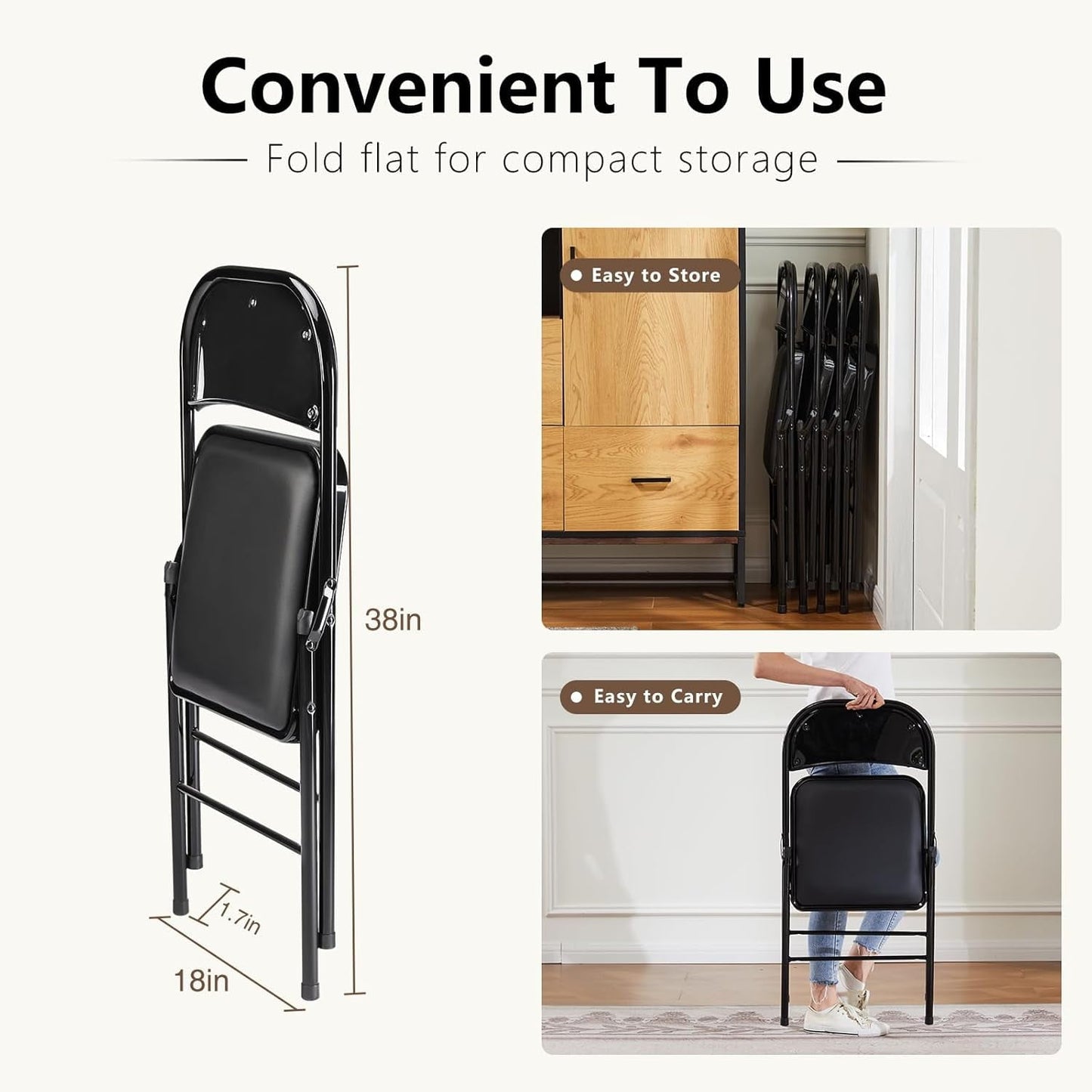 2-Pack Folding Chairs with Padded PU Leather Seat and Metal Frame, Indoor/Outdoor Use, Black