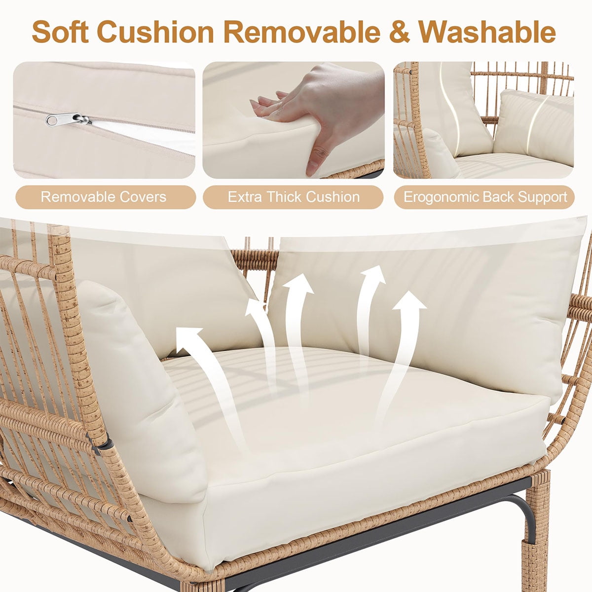 Danolapsi Wicker Egg Chair Outdoor, Oversized Egg-Shaped Chair with Metal Frame Stand, 500 Lbs Capacity Oversized Attan Egg Lounge Chairs for Patio, Backyard, Living Room