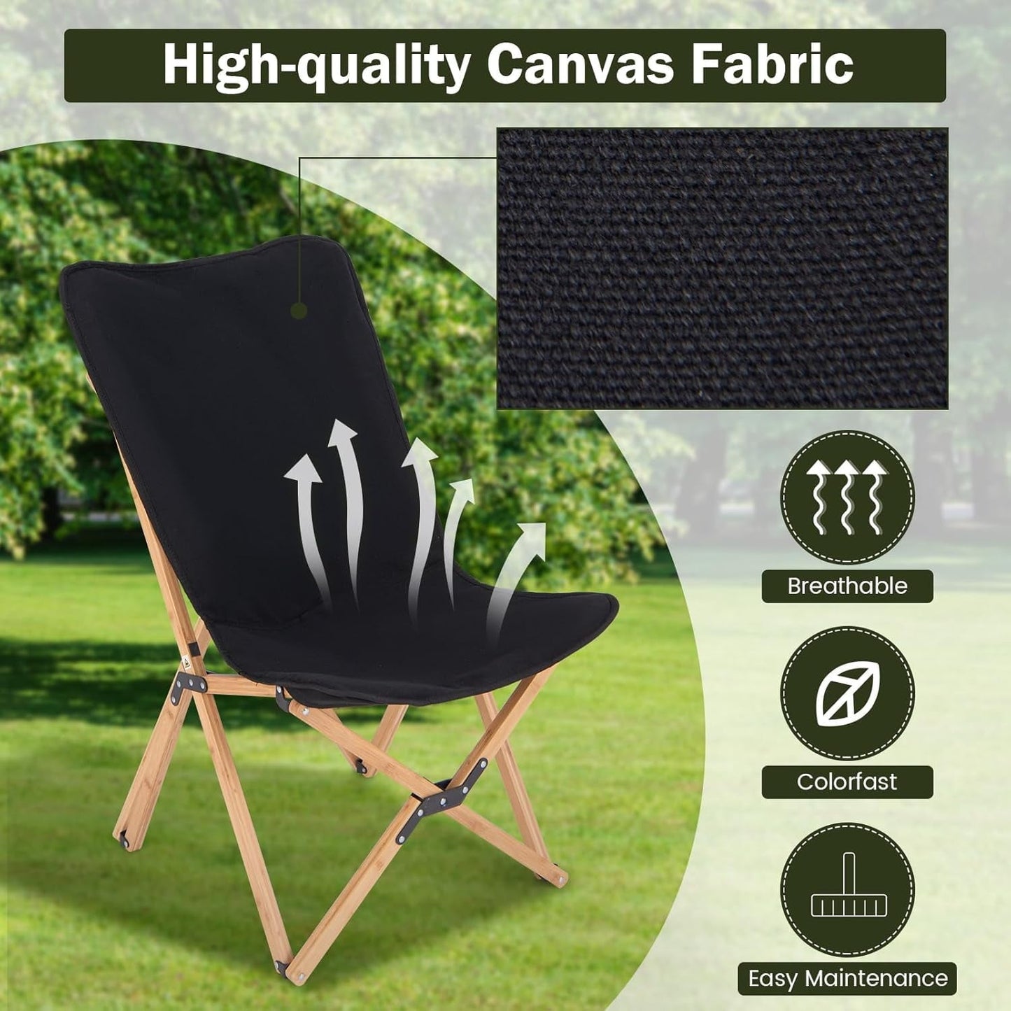 ZOPan Camping Chairs 2 Pack, Folding Beach Chairs for 330lbs, Outdoor Butterfly Chair, Portable Lawn Chairs for Picnic Fishing Hiking Mountaineering, Lightweight Bamboo Frame No Assembly (Black)