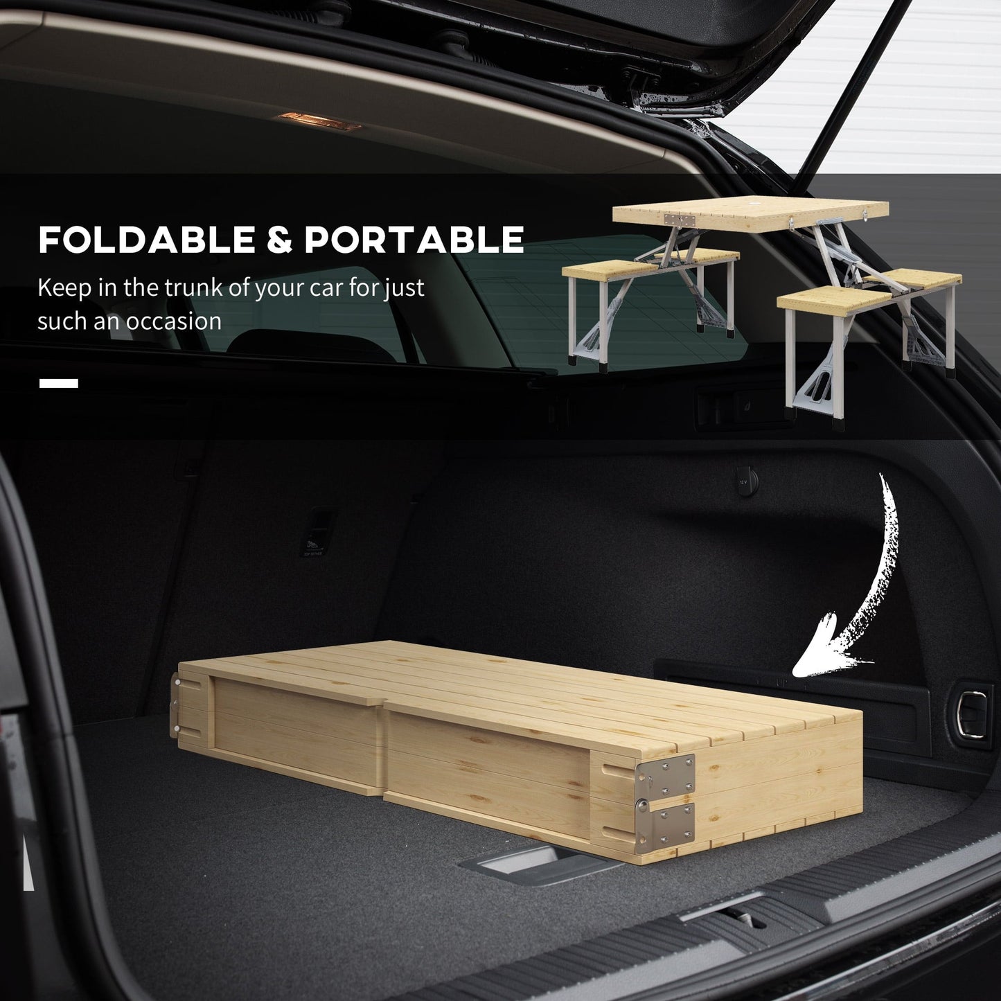 Outsunny Portable Folding Picnic Table with Built-in Umbrella Hole and Aluminum Frame, Includes 2 Foldable Wood Chairs for Patio, Yard & Beach