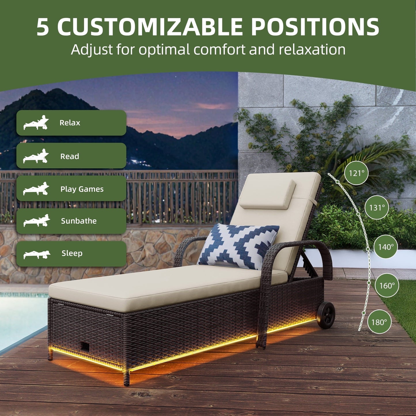 Uforic LED Outdoor Lounge Chair with 5-Level Recline, Wheels, Storage, Patio Wicker Chaise, Brown/Beige