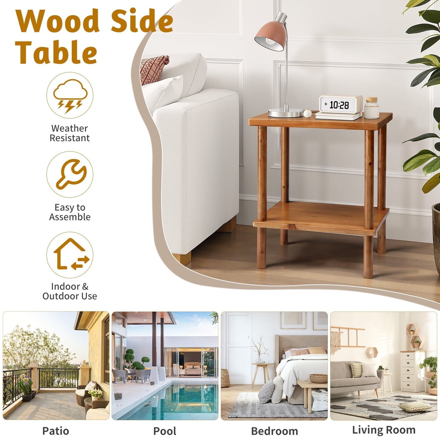 Ktaxon 2-Tier Outdoor Wood End Table, Weather Resistant Small Patio Side Table for Garden Patio Balcony Pool Indoor, Teak