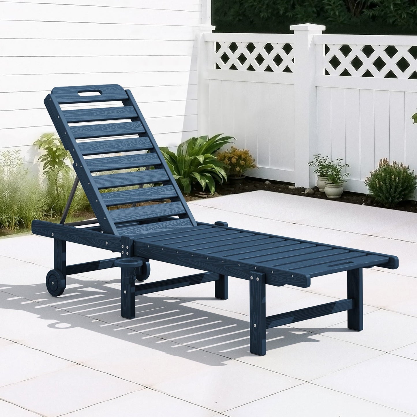 JUSTLET HDPE Outdoor Chaise Lounge Chair with Wheels & Cup Holder,5 Position Adjustable Backrest for Patio & Balcony & Garden & Poolside & Beach, Navy Blue