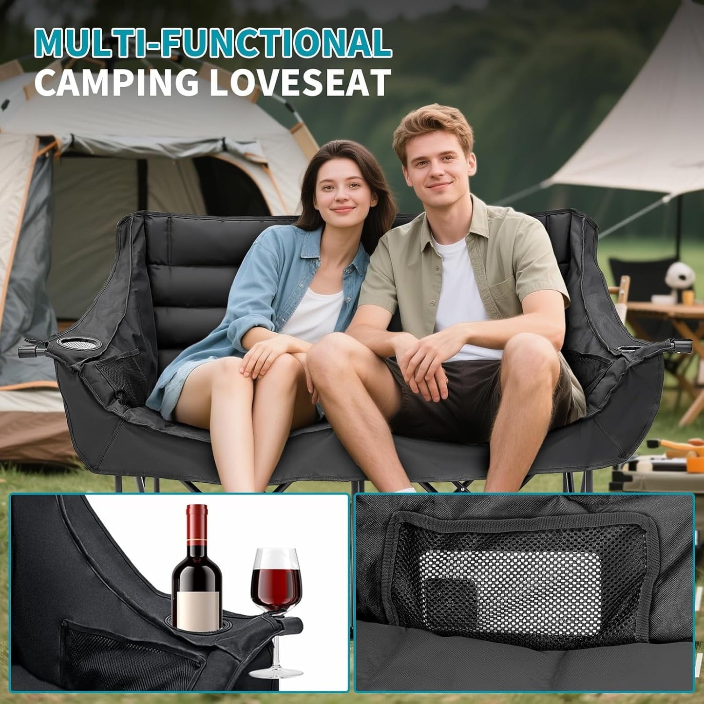 Zikebtuy Double Camping Chair for 2 Person - Oversized Padded Folding Loveseat - Portable Camping Couch Heavy Duty Lawn Chairs for Outdoor Beach - Support 500LBS