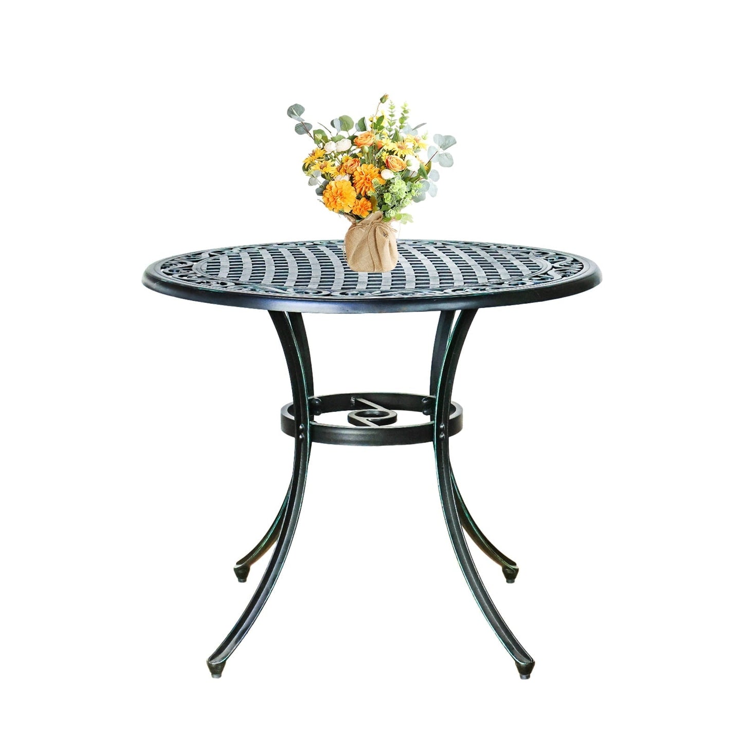 36" Diameter Outdoor Round Patio Bistro Dining Table Cast Aluminum Conversation Table with 2.0" Umbrella Hole for Garden, Yard, Vintage Green