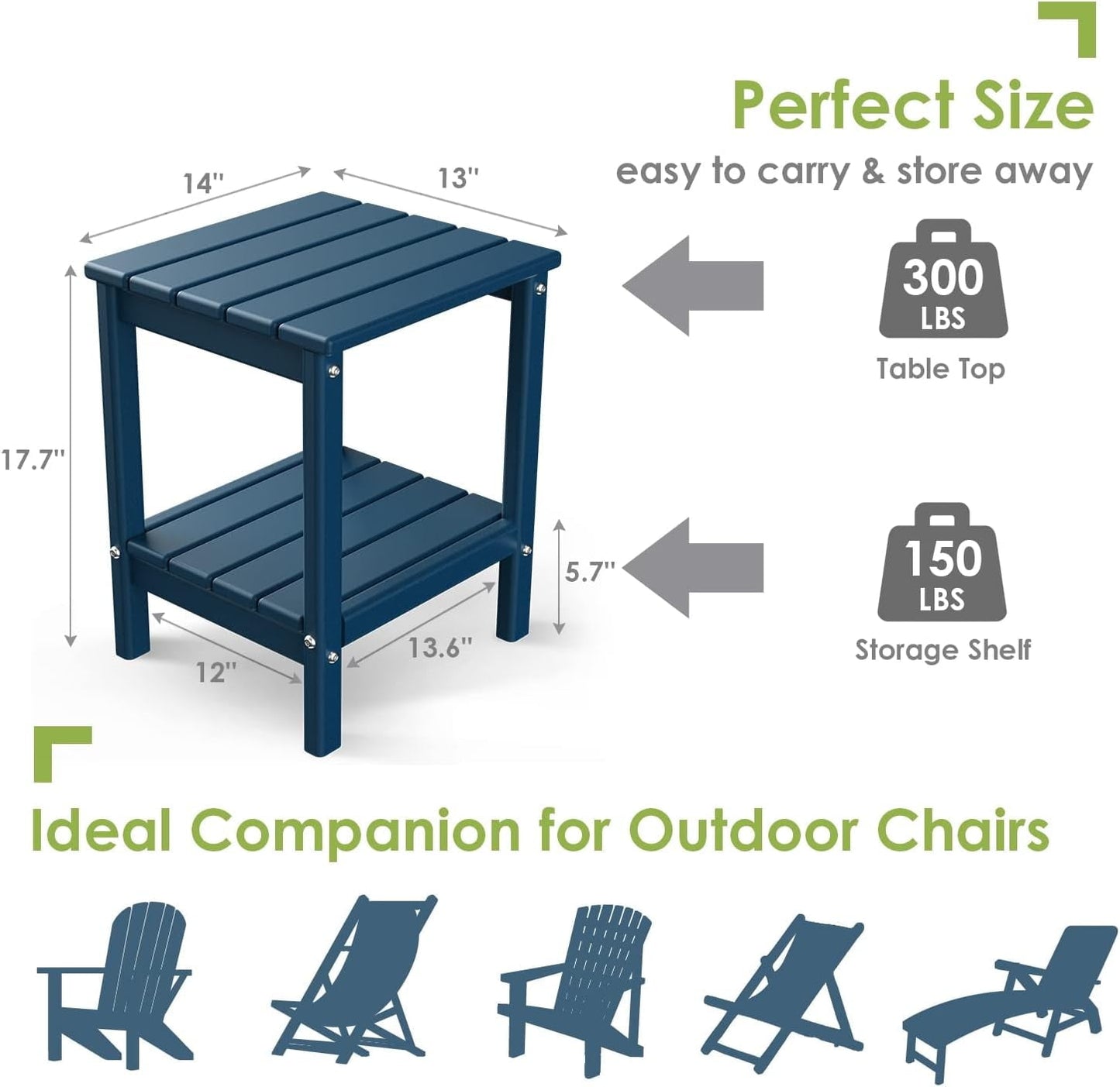 VibrantEcho Adirondack-Outdoor-Side-Table | 14 x 13 Inches | HDPE Plastic | All Weather | Blue | Outside End Tables | Storage Shelf | for Patio Porch Backyard Indoor
