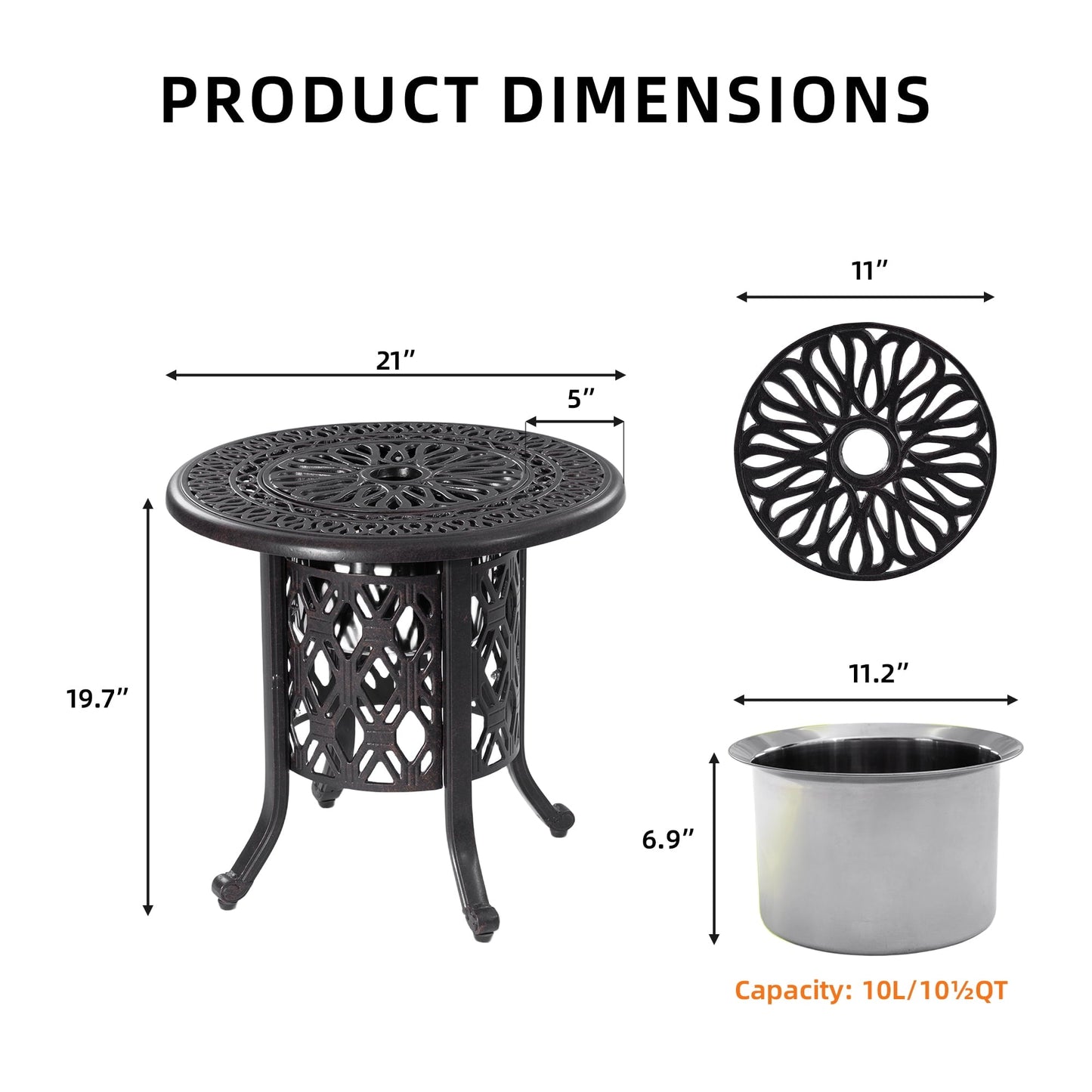 Yoneston 21" Cast Aluminum Round Patio Table with Removable Ice Bucket, Rustproof Outdoor Patio Bar Table for Patio, Balcony, Garden, Poolside, Black