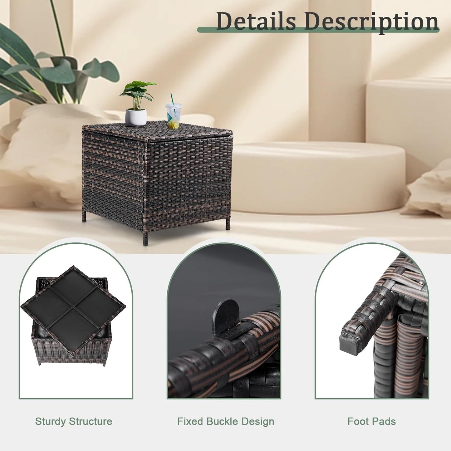 MarketLane Outdoor Side Table, Rattan Coffee Table with Storage 13 Gallon Patio Small Deck Storage Box for Cushion Towel Books, Brown Side Table with lid,Square