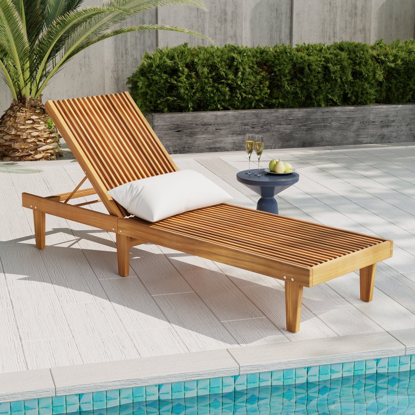 Shihatsusr Adjustable Teak Chaise Lounge - Waterproof Slatted Design, 3-Position Recline for Poolside & Patio, All-Weather Outdoor Lounge Chair