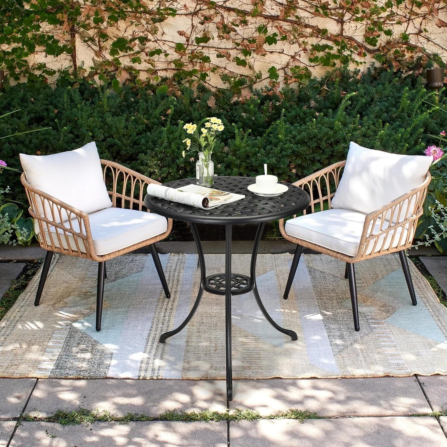 Garvee Round Patio Bistro Table 24 Inch, Cast Aluminum Outdoor Cafe Table with 2Inch Umbrella Hole, Metal Side Table for Porch,Backyard,Garden，Black