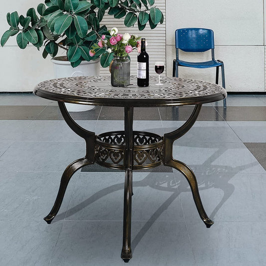38.5 Inch Outdoor Dining Table Round Patio Table Bronze Cast Aluminum Rustic Large Table with Umbrella Hole
