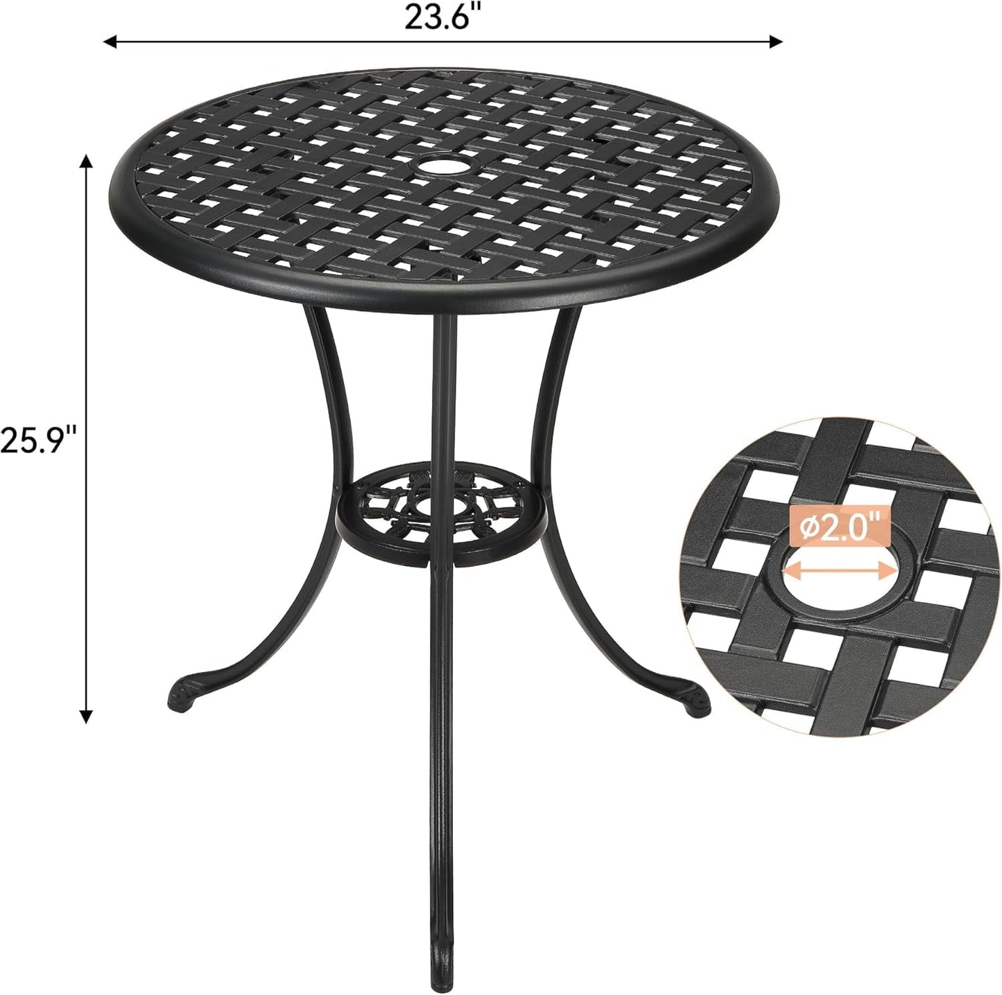 Garvee Round Patio Bistro Table 24 Inch, Cast Aluminum Outdoor Cafe Table with 2Inch Umbrella Hole, Metal Side Table for Porch,Backyard,Garden，Black