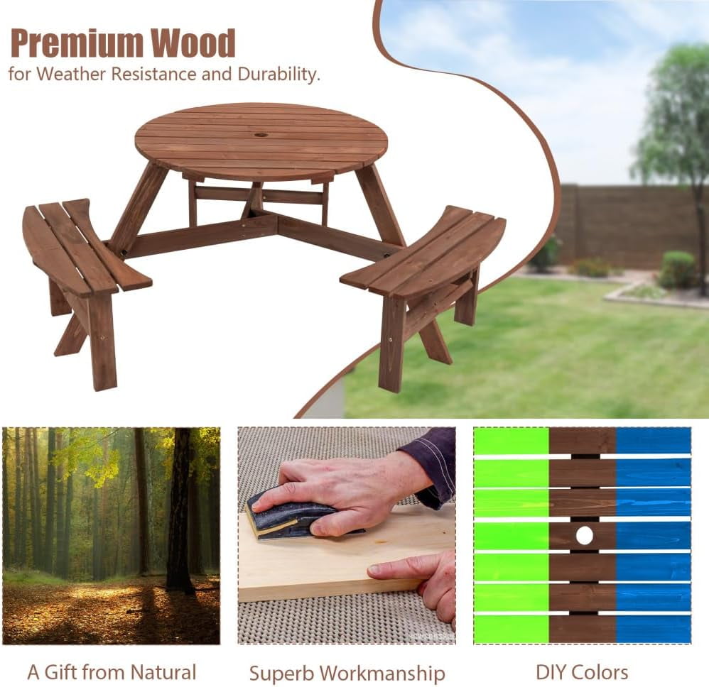 Picnic Table,6 Person Wooden Picnic Table with 3 Built-in Benches, Circular Outdoor Wooden Table with Seat for Patio, Backyard, Garden,2220lb Capacity - Natural