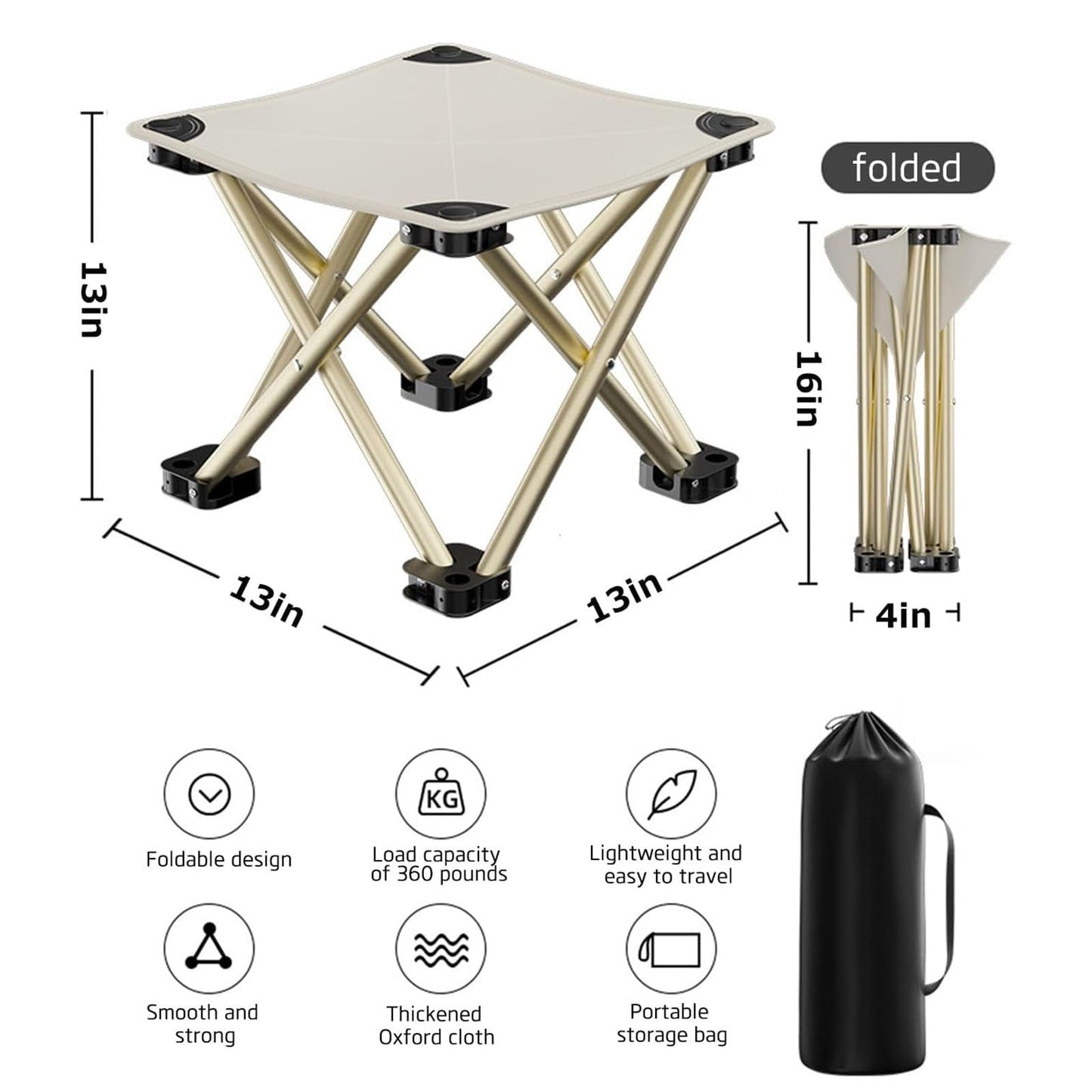 Rwvbm Portable Folding Camping Stool - 1 Second Setup 360lb Capacity Lightweight Aluminum Frame 13x13x13in Seat Includes Carry Bag for Outdoor,Fishing,Hiking,BBQs