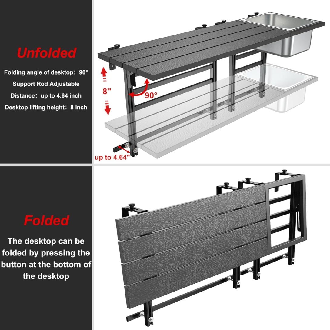 WMZP Upgraded Balcony Table Outdoor Patio Bar Table with Durable Composite Tabletop Aluminum Alloy Frame Hanging Folding Adjustable with Removable Ice Bucket, Easy Assembly (10Mins),43.5" L