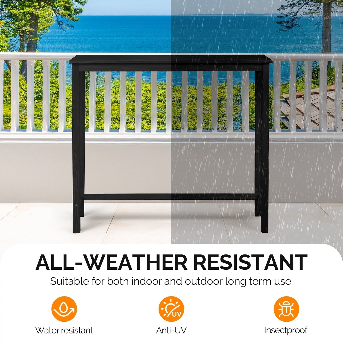 Ktaxon 45" Outdoor Bar Table, Wood Rectangle Narrow Counter Height Table, Weather Resistant Pub Table for Balcony Patio Garden Yard Poolside, Black