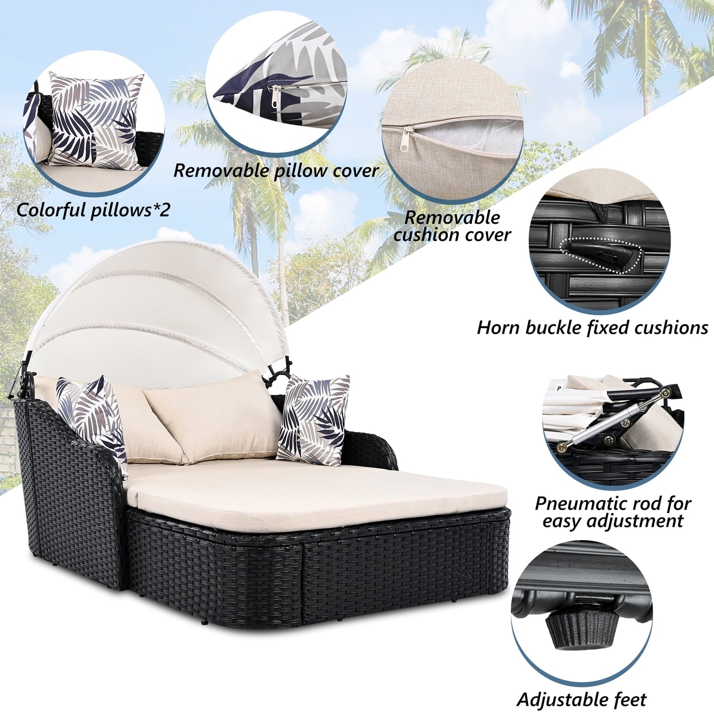 GO 79.9" Adjustable Canopy Sunbed, Double Lounger in PE Rattan, Black Frame & Beige Cushion