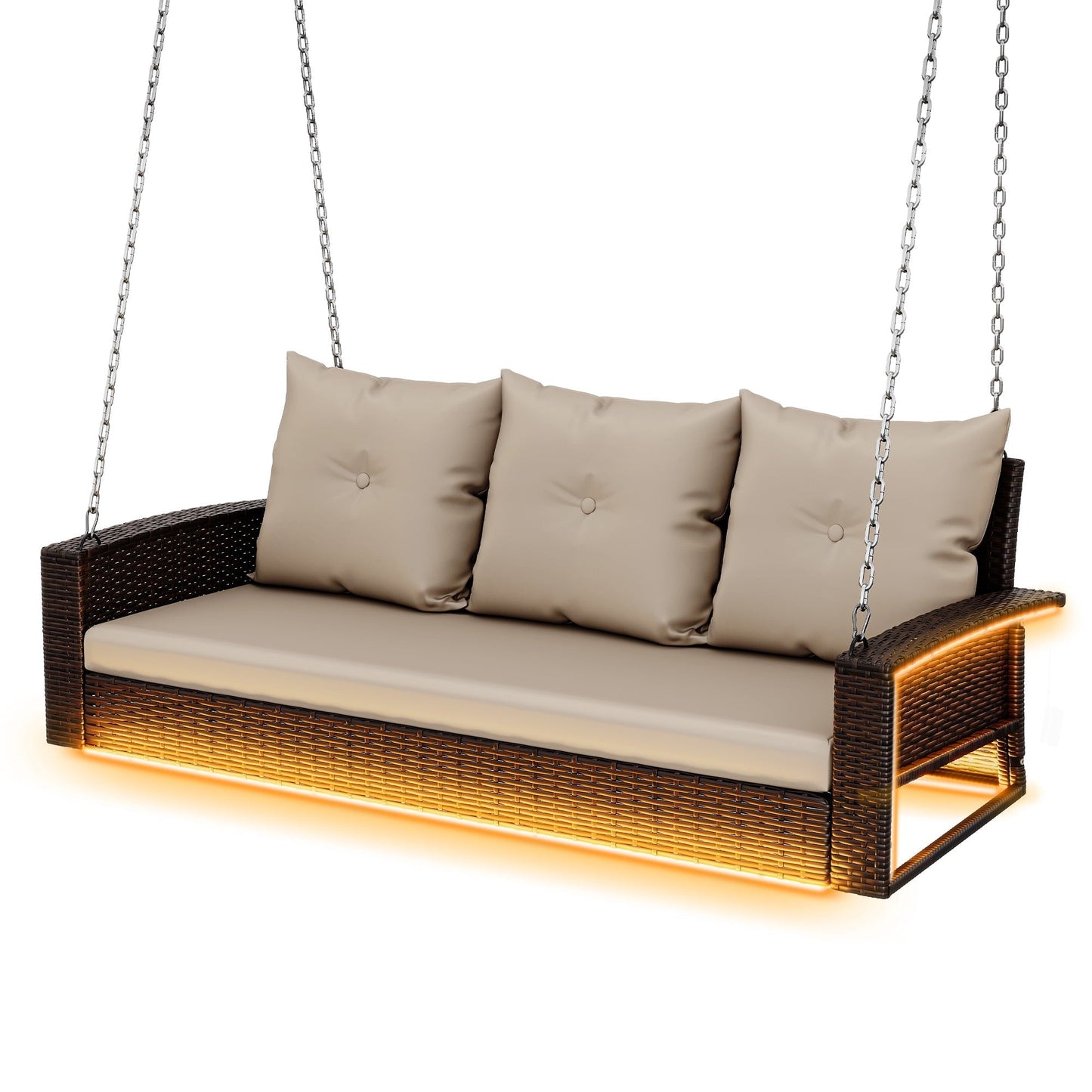 Uforic 3-Seat Outdoor Wicker Porch Swing with LED Lights & Brown Cushions, Patio Hanging Chair
