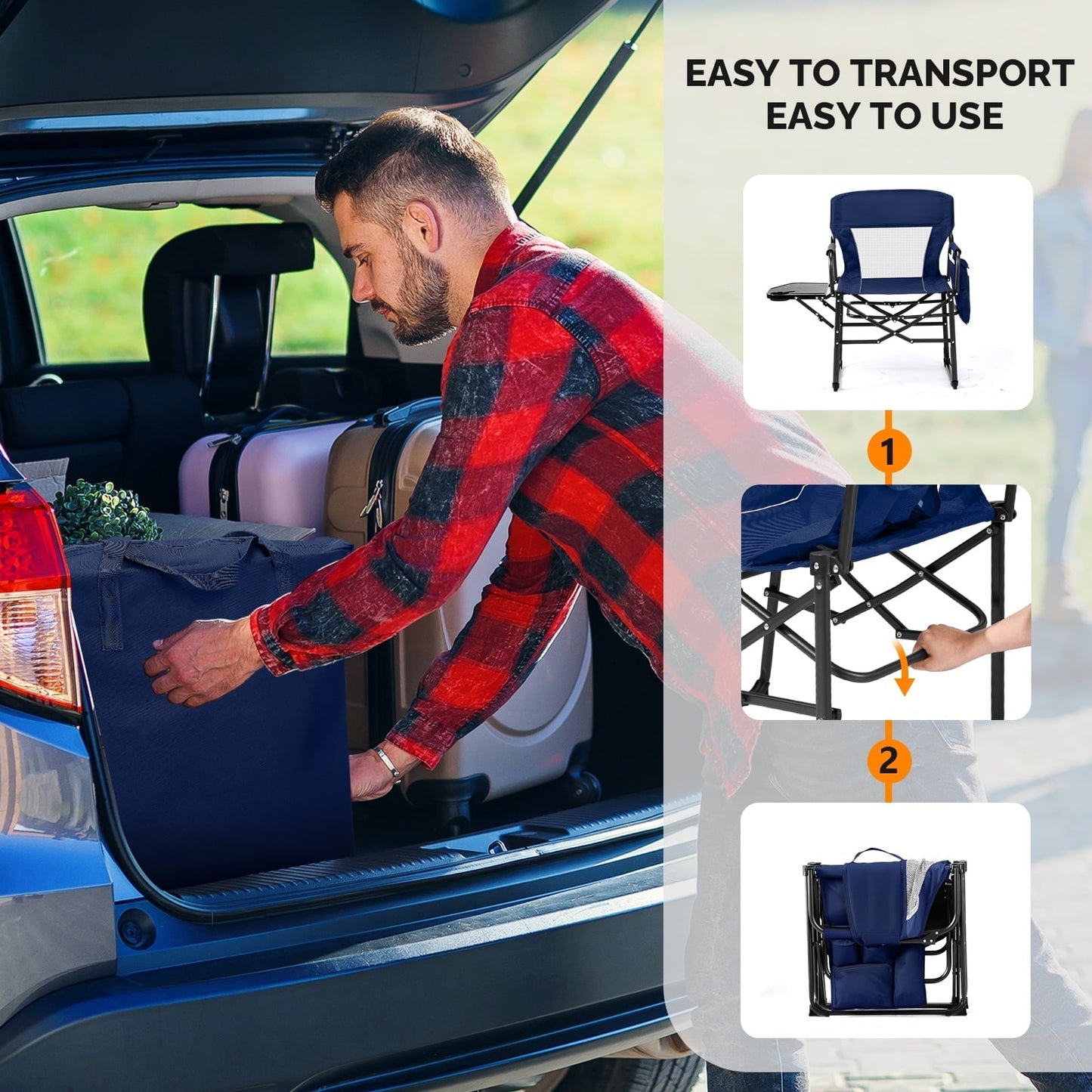 Ktaxon 1Pc Camping Chairs, Heavy Duty Folding Directors Chair with Side Table & Carry Bag, Fishing Seating for Adult, Suitable for Beach Picnic Lawn, Blue