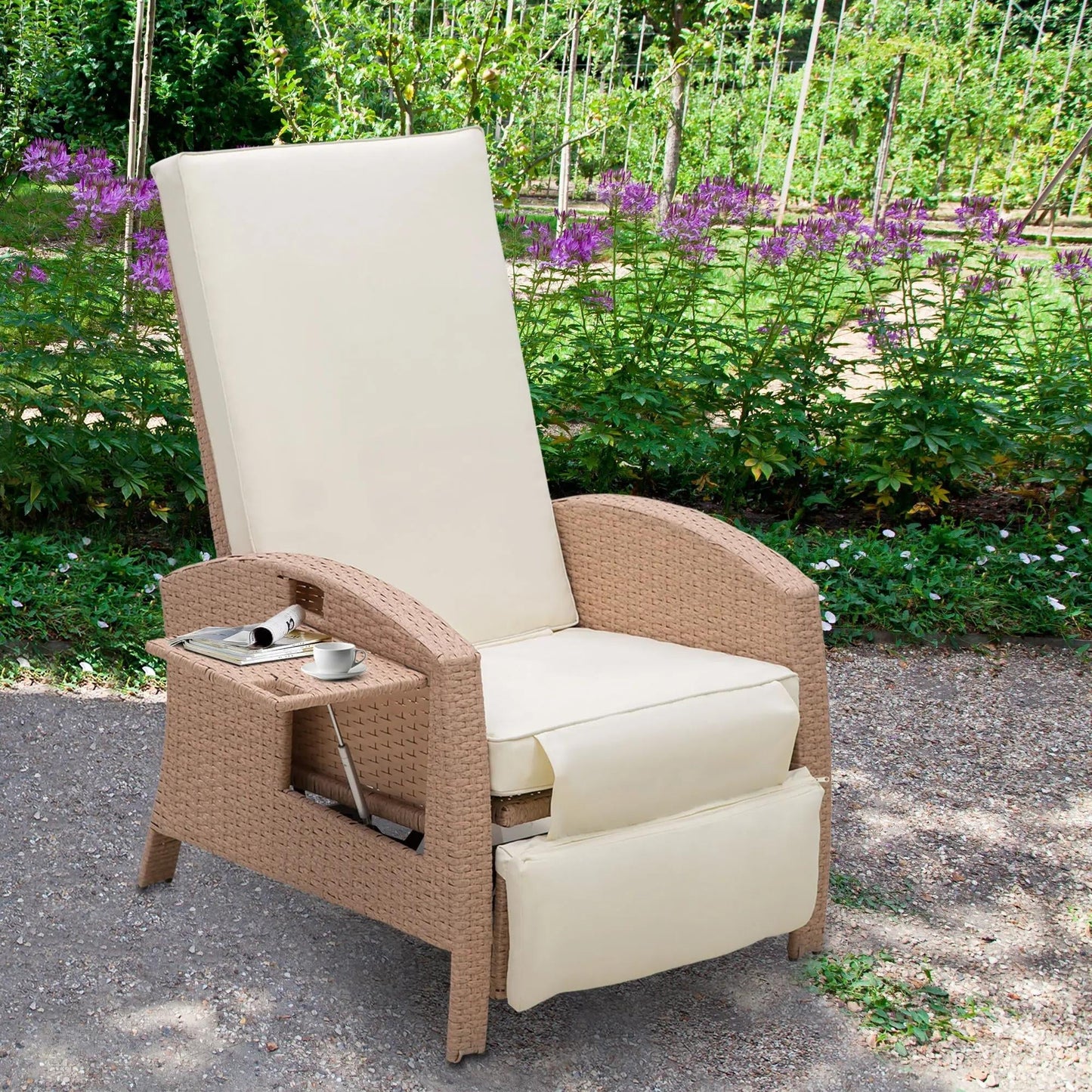 Resenkos Patio Recliner, Outdoor Reclining Chair with Flip-Up Side Table, All-Weather Wicker Metal Frame Chaise with Footrest, Cushions, Beige