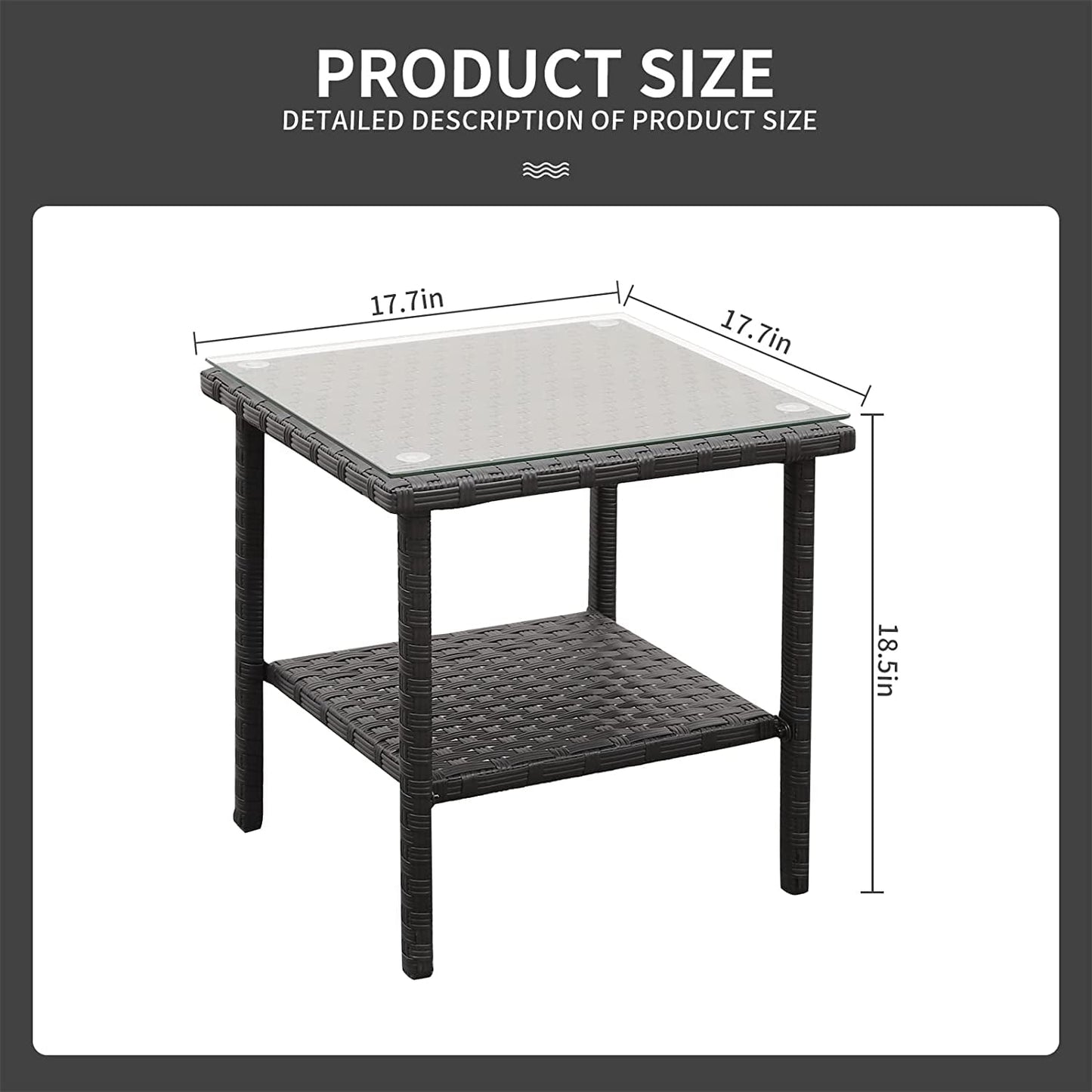 Outdoor PE Wicker Side Table - Patio Rattan Garden Coffee End Square Table with Glass Top Furniture, Black