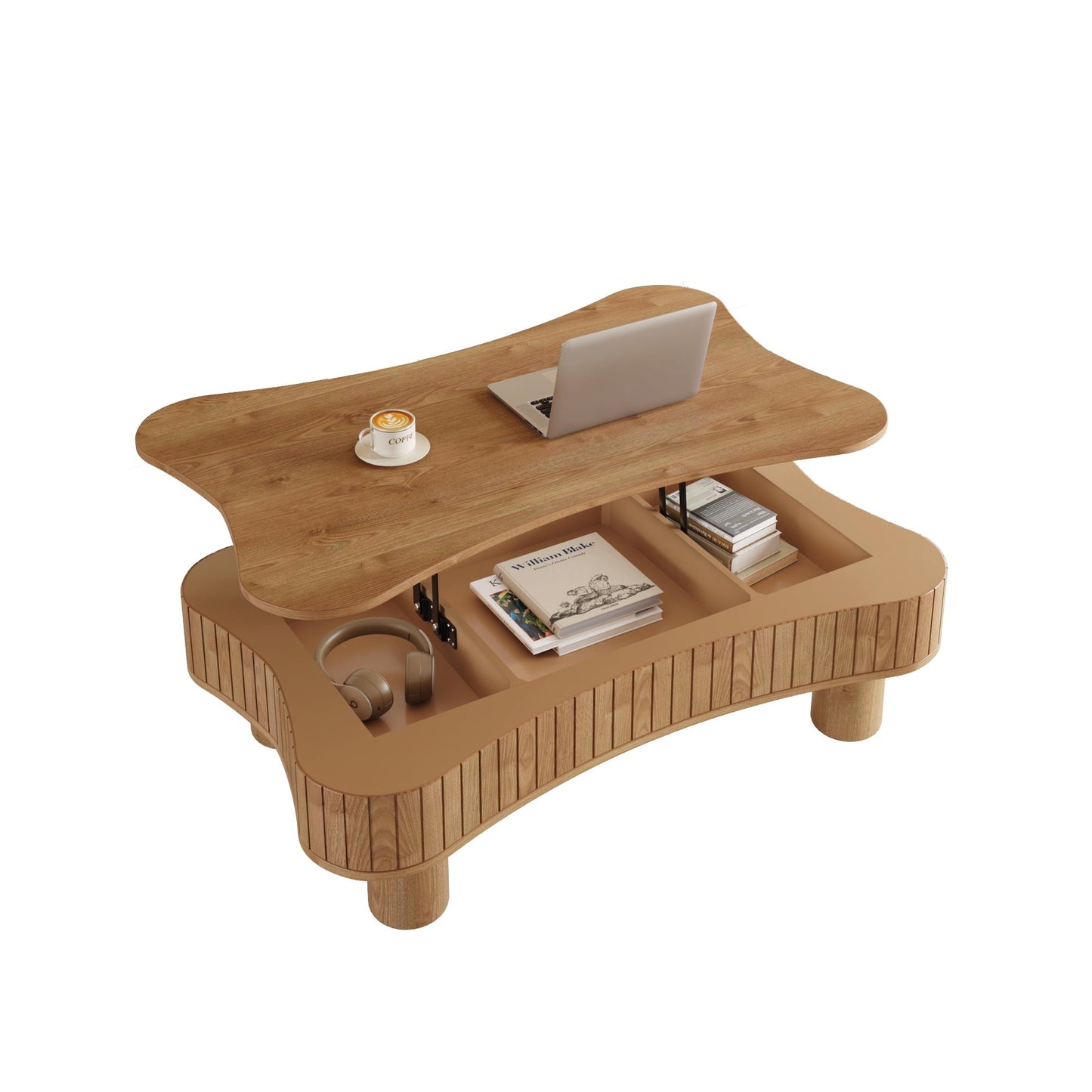 Lift Top Coffee Table for Living Room 42" - Fluted Panel Hidden Storage, Silent Hydraulic Lift, Curved Safety Corners, 5 Min Assembly (27"W X 13-18.9"H, Light Brown)