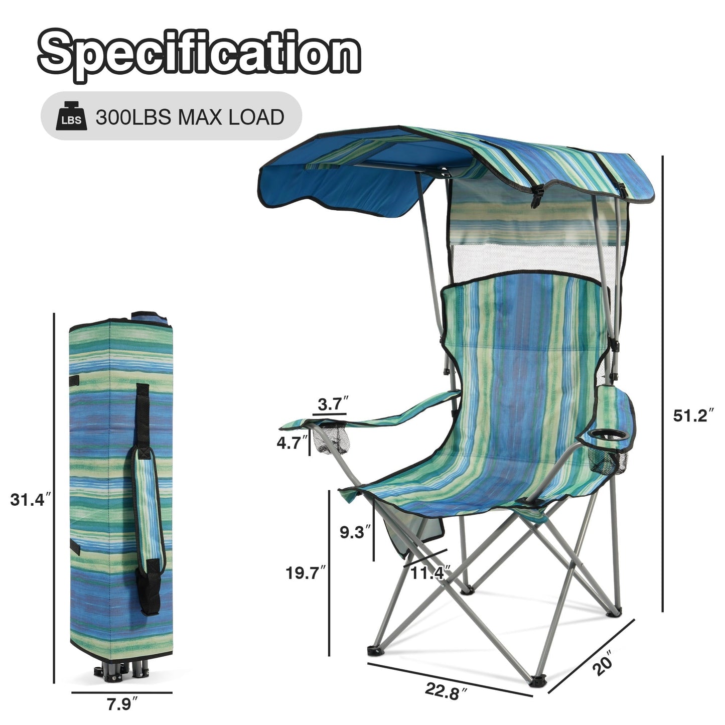 BalanceFrom Folding Camp Chair，Portable Outdoor Chair，with Shade & Cup Holder，for Camping, Beach, Fishing, and Sports Events