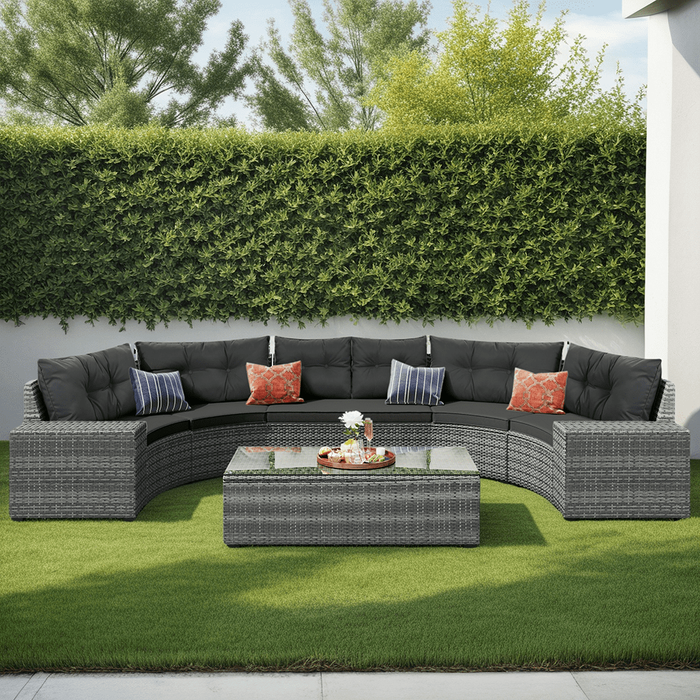 StyleSack 8-Piece Half Moon Curved Round Outdoor Sectional Sofa Patio Furniture Set with Glass Coffee Table